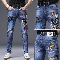 CODpz119nb High Quality Street Wear Spring Summer High-End Trendy Unique Printed Jeans Men Korean Version Street Slim-Fit Small Feet Embroidery Badge Pattern You