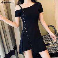 Short Sleeve Dress One-Shoulder Sexy Elegant Solid Slim Summer Womens Spaghetti Strap Loose Korean Style Leisure Daily Ulzzang