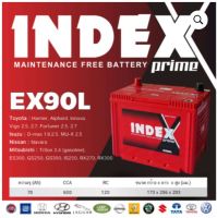 INDEX BATTERY รุ่น EX90L ใช้กับรถ Toyota : Harrier, Alphard, Innova, Vigo 2.5, 2.7, Fortuner 2.5, 2.7 Isuzu : D-max 1.9,2.5, MU-X 2.5 Nissan : Navara Mitsubishi : Triton 2.4 (gasoline), ES300, GS250, GS300, IS250, RX270, RX300