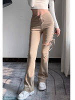 Women jersey Ribbed Flare Leggings With Ruched Detail Y225