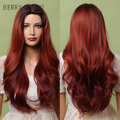HENRY MARGU Ombre Brown Red Body Wave Wigs for Black Women Halloween Cosplay Party Synthetic Middle Part Hair Wig Heat Resistant
