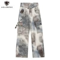 Hip Hop Mens Mixed Color Tie Dye Print Cargo Pants Double Patch Pockets Turn-Down Waist Straight Trousers Oversized Sweatpant