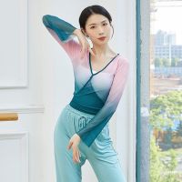 【YD】 Adult Classical Gradient Semi Transparent Belly V Neck Back Tie Blouse Sleeve Top Costume for Dancing