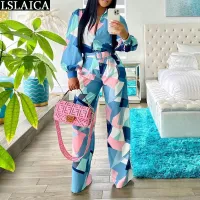 Wholesale Items Bodysuit for Women Long Sleeve Turn-down Autumn Fashion Jumpsuit Women Elegance Party Club Printed Rompers Femme