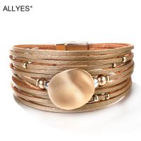 ALLYES Metal Round Charm Leather Bracelets For Women 2023 Fashion 14 Strips Boho Multilayer Wide Wrap Bracelet Femme Jewelry Charms and Charm Bracelet