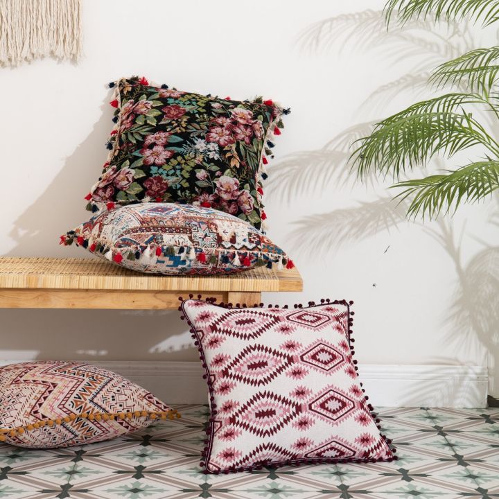 pom-pom-tassel-cushion-cover-geometric-chenille-jacquard-throw-pillow-case-luxury-art-graffiti-decorative-boho-pillow-cover-bed-home-decor