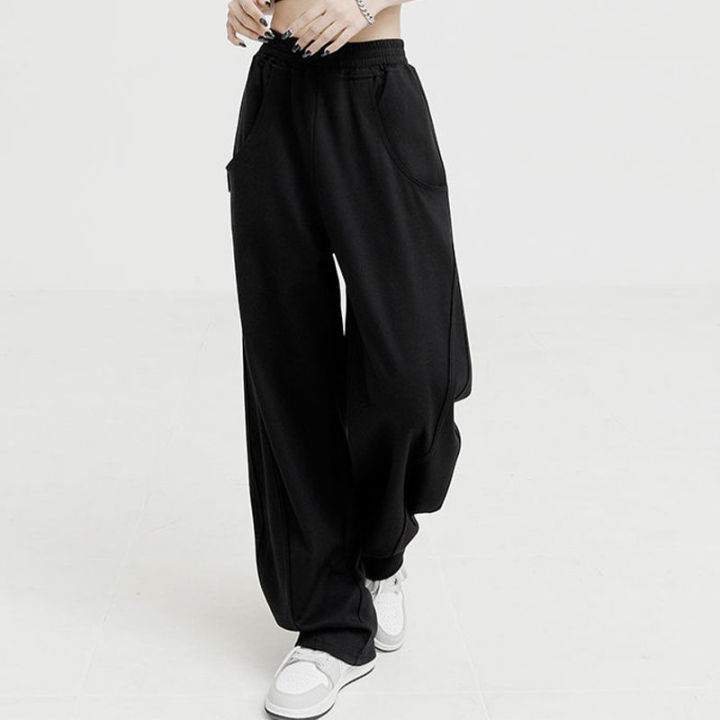 xiang-nian-ni-กางเกงผู้หญิง-draped-สีทึบกางเกงกีฬาอเมริกัน-hip-hop-สไตล์กางเกงขาตรงหลวมคู่กางเกงขากว้าง