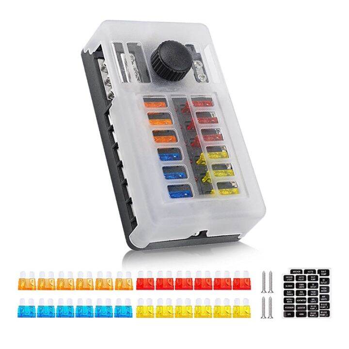 12Volt Blade Fuse Block Holder 12 Circuit W/Negative Bus Waterproof Fuse Box for 12V/24V