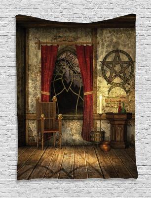 【cw】Gothic House Decor Tapestry Room with Pentagram Symbol in Candlelight Red Curtains Mystic Medieval Chamber Print Wall Hanging
