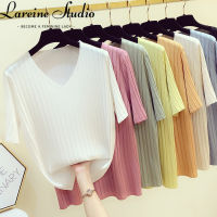 LAREINE เสื้อยืดเสื้อแขนสั้นผ้าไหมน้ำแข็งสำหรับผู้หญิงเสื้อยืดคอวีสีทึบสไตล์ลำลองแบบเกาหลี