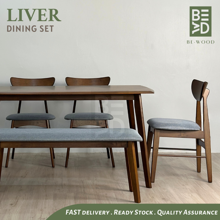 LIVER Dining Table Set 150x90cm Fully Solid Wood Meja Makan Murah White