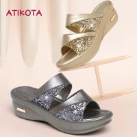 ■✇✙ cri237 Atikota Women Fashion Sequined PU Wedge Sandal Casual Non-slip Wear-resistant Sandals