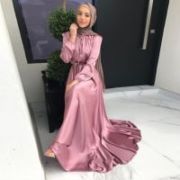 ผู้หญิงมุสลิม abaya ผู้หญิงดูไบหรูหราตุรกีชุดผู้หญิงอาหรับชุดราตรีผู้หญิงยาว Robe ซาติน musulmane