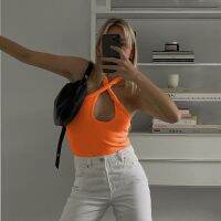 EBay summer new pure color T-shirt female backless cross hollow out hanging neck small coat