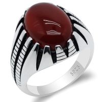 925 Sterling Silver Men Ring Prong Setting Natural Red Agate Stone Retro Punk Thai Silver Ring For Man Women Silver Fine Jewelry