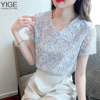 YIGE Short-sleeved soft lace v-neck lace blouse womens 2023 summer new style large size floral blouse