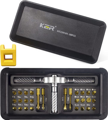 KER 30 In 1 T-Type Multifunctional Ratcheting Screwdriver Set with Magnetic Driver Kit, Family Essential Portable Tool Set for Daily Maintenance, Household Appliances, Bicycles, TVs, Electric Sockets