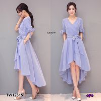 TW12615 Dress เดรสลายริ้วหน้าสั้นหลังยาว + สายผูกเอว