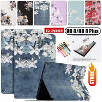 เคสขาตั้งสำหรับ Amazon New Fire HD8 Plus 10th 12th รุ่น2020 2022เด็กแท็บเล็ตพับได้ลายดอกไม้กรอบหนังสือหนังแบบบางสดกันกระแทก