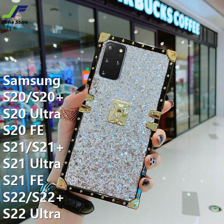 jiefieสำหรับsamsung-galaxy-s20-s20-s20-ultra-s20-fe-s21-s21-s21-ultra-s22-s22-s22-ultra-เคสโทรศัพท์สแควร์glitter-blingแฟชั่นยี่ห้อกรอบตอกหมุดปลอก