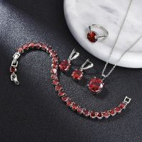 【lz】♛  Red Garnet 925 Conjunto de Jóias para Mulheres Colar Redondo De Zircônia Brincos Anel Pingente Pulseiras Presente Da Jóia Nupcial Moda