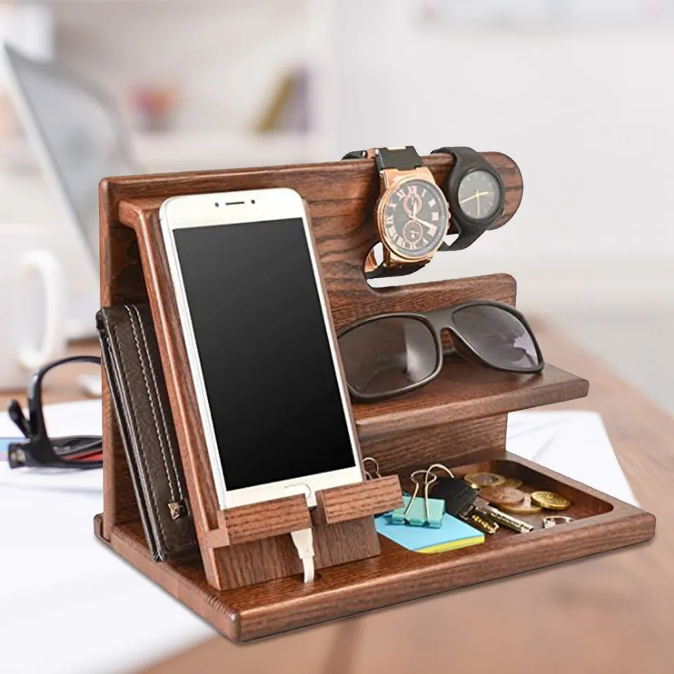 Christmas Presents for Men Bedside Organiser for Him Birthday Gifts for Him  Wood Phone Docking Station Key Holder Wallet Stand Watch Organizer  Anniversary Man Gift Wooden Organiser Idea Gifts for Dad 