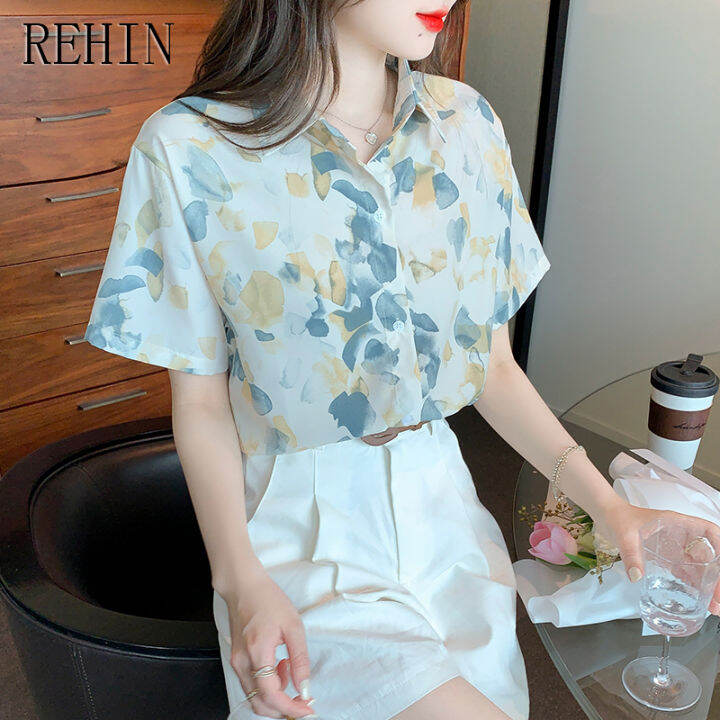 rehin-เสื้อผู้หญิงสำหรับฤดูร้อนใหม่สไตล์ฮ่องกง-เสื้อเสื้อผู้หญิงแขนสั้นผู้หญิงดีไซน์บางผ้าชีฟองลายดอกไม้เก๋ไก๋