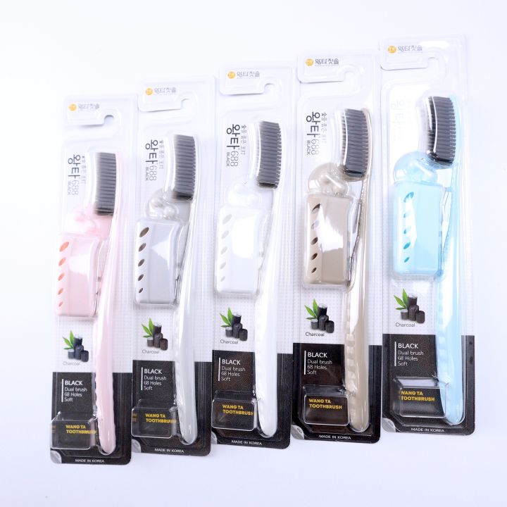 แปรงสีฟันคละสี-พร้อม-ฝาครอบแปรง-ขนแปรงสีขาว-ขนแปรงชาโคล-จากเกาหลี-denticon-white-dual
