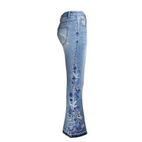 LOGAMI flower Embroidery skinny jeans woman vintage flare denim pants womens jeans