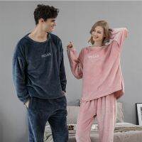 Thick Flannel Male Pajamas Sets Loose O-neck Sleepwear For Couples Warm winter Home Clothes Mens Clothing Pajama Pants 2Pcs/Set