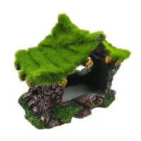 Aquarium Ornament Hollow Moss Resin House Fish Hideout Hideaway for Betta Turtle Aquarium Decoration Accessories