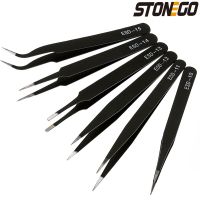 STONEGO เครื่องมือแหนบบำรุงรักษาสแตนเลสป้องกันไฟฟ้าสถิตย์6ชิ้นเครื่องมือซ่อมแหนบตรงโค้งอุตสาหกรรม