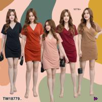 P18779 Mini Dress #สาวอวบ อกไขว้ จับจีบย่นข้าง ..