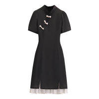 Plus Size 4xl Women Chinese Cheongsam Dress Short Sleeve Stand Collar Chiffon Patchwork Black White Dresses 2022 Summer Clothes