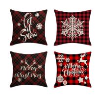 4PCSChristmas Red Plaid Pillowcase Santa Square Home Decor Linen Pillow Cases Cushion Covers for Sofa Car Gift 45x45cm