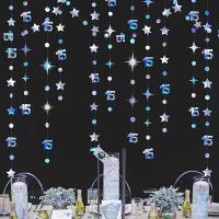 Iridescent Silver 15th Birthday Number 15 Circle Dot Twinkle Star Garlands Hanging Streamer Banner 15th Anniversary Party Decor Banners Streamers Conf