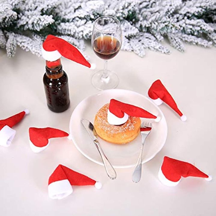 hotmini-ซานตาหมวกถ้วยขวดปก-2010ชิ้นคริสต์มาสซานตาหมวกเครื่องเงินผู้ถือสำหรับคริสมาสต์การตั้งค่าตาราง