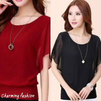 Charming เสื้อแฟชั่นเกาหลี แขนระบาย ผ้าชีฟองอย่างดี สวยเก๋มาก รุ่น B108