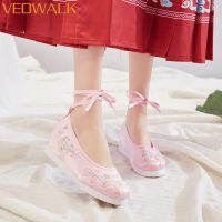 Veowalk 3ซม. ซ่อน Wedges ผู้หญิง Comfort Cotton Hanfu รองเท้า R สุภาพสตรีคอสเพลย์เครื่องแต่งกายแพลตฟอร์มจีนปัก Shoes