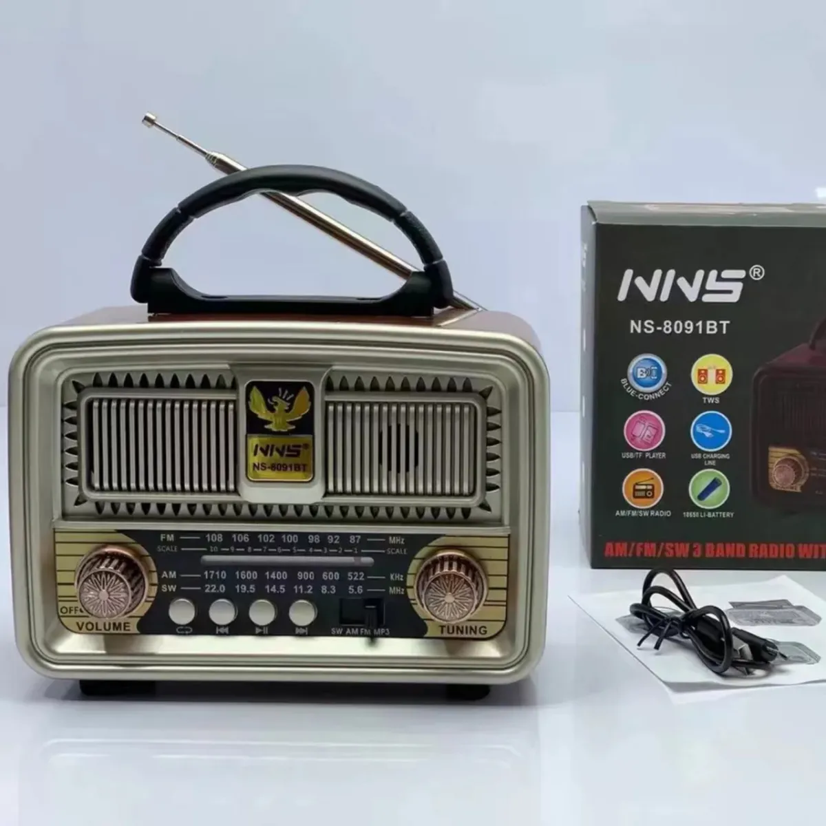 Đài Radio Hãng NNS Model NS-8091BT, Bluetooth, Bắt Sóng FM, AM, /USB/TF,  Thẻ Nhớ - Loa Dùng Điện 5V Và Pin Sạc 