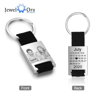 JewelOra Personalized Photo Calendar Keychains for Men Custom Stainless Steel Engrave Date Keyring Gift for Boyfriend/ Father