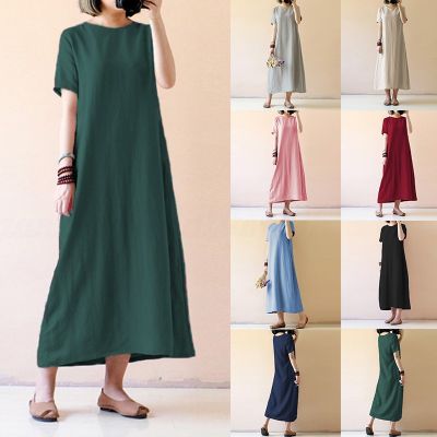 PRETTY Women Cotton Linen Round Neck Short Sleeve Simple Casual Loose Long Dress