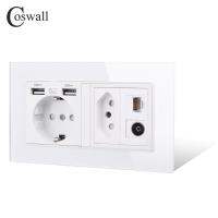 Coswall Tempered Glass Panel Wall EU Socket With Dual USB Charging Port Brasil Universal Outlet TV CAT6 Internet Jack DIY Module