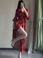 Cross tie red war robe floral skirt with a high-end sense of temperament, goddess style, pure desire, sexy seaside vacation dress