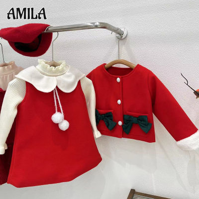 AMILA ชุดเดรสเสื้อชูชีพของเด็กผู้หญิง ชุดเสื้อแจ็กเก็ตลายผ้าต่อสองชิ้นคริสต์มาสหวานๆ