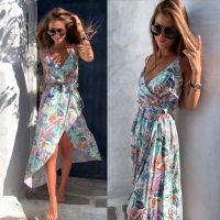 ZZOOI Split Sexy Women Dress Summer Print V-Neck Irregular Women Long Maxi Dress 2020 Belt Sling Bohemian Beach Ladies Dress CDR1758