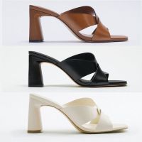 2022 Summer ZARAˉ New Womens Shoes Black Thick Heel Shoes Cow Leather Fashion High Heels Open Toe Versatile Sandals