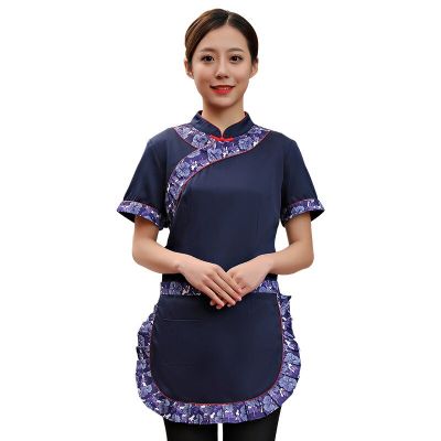 Nongjiale ผ้ากันเปื้อนแขนสั้นสำหรับผู้หญิง,เสื้อผ้าทำงานสไตล์ประจำชาติถ้วยชาร้านอาหารจีนบริกรร้านอาหารท้องถิ่น