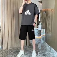 ADIDASeˉ   ชุดกีฬาผ้าฝ้าย100% สำหรับผู้ชาย,เสื้อ + กางเกงขาสั้นสวมใส่สบายระบายอากาศได้ดีขนาด (M-4XL)