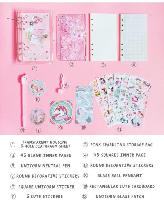 a5-cute-notebook-planner-set-sparkling-loose-leaf-pvc-shell-pink-unicorn-bulletjournal-diary-set-bullet-journal-agenda